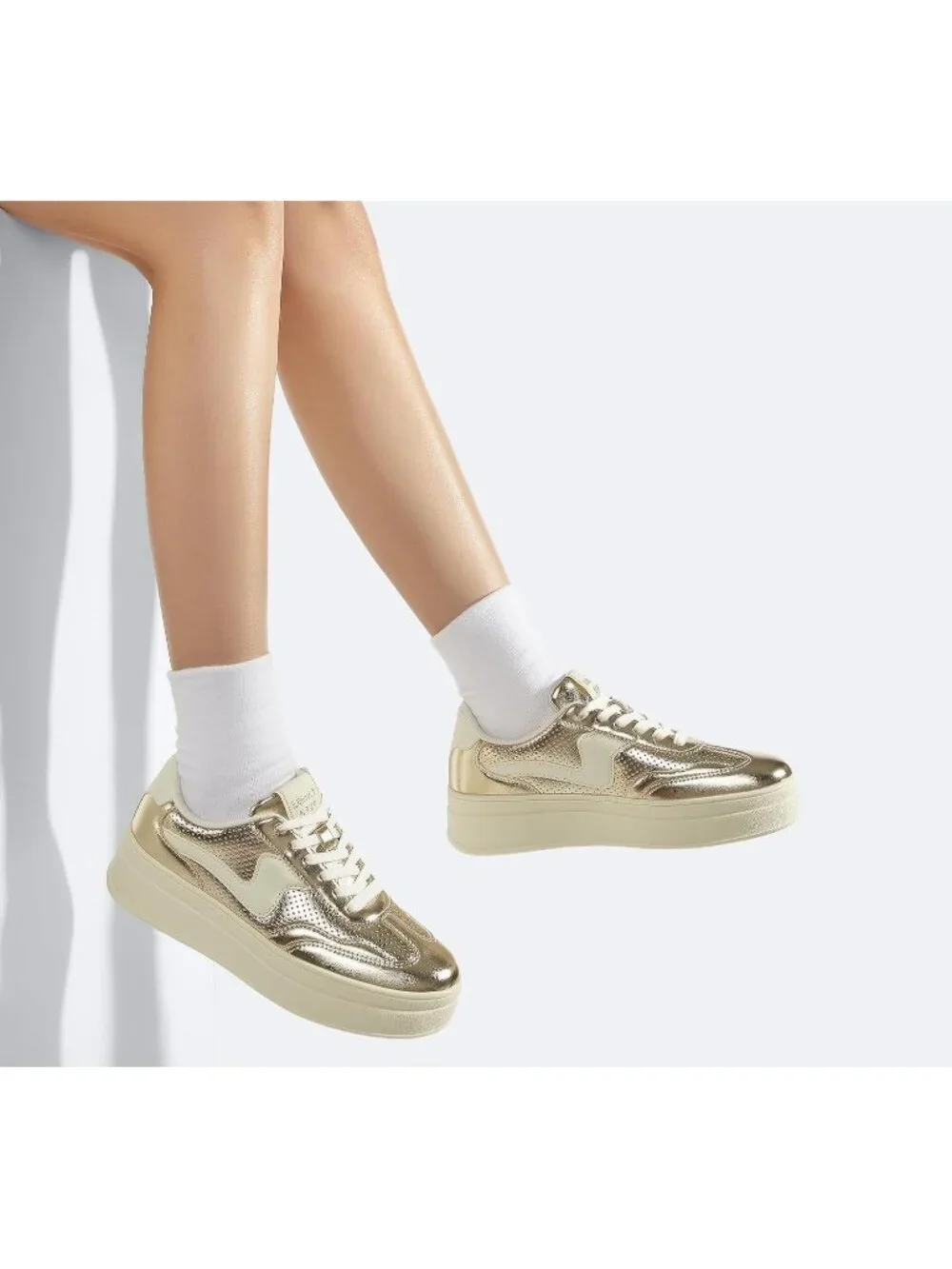 🆕Women's Gold White Platform Fashion Sneakers Thick Sole Casual Walking Shoes